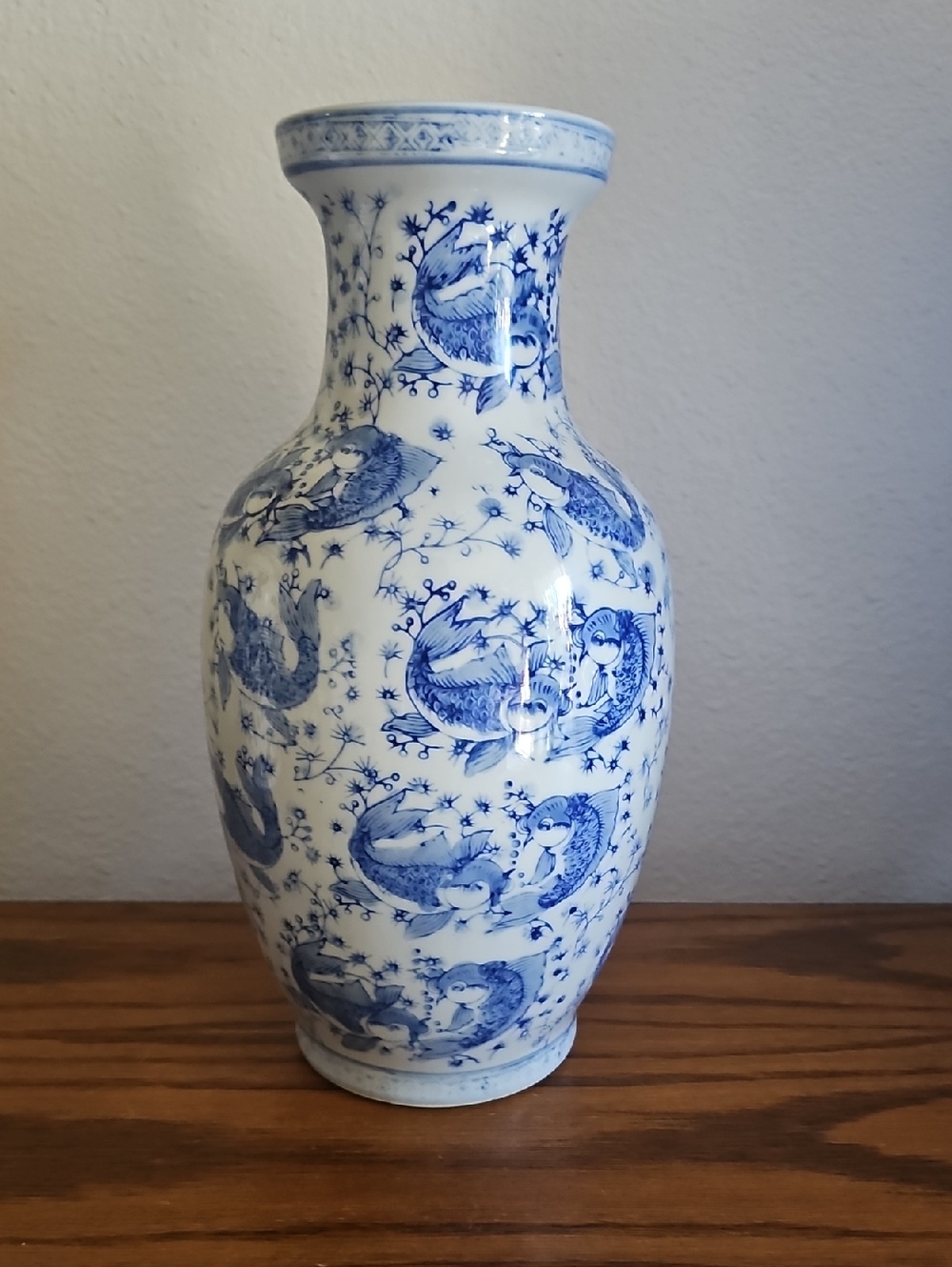 Chinese Blue and White Vase Vintage Koi Fish Chinoiserie Grandmillenial 12"
